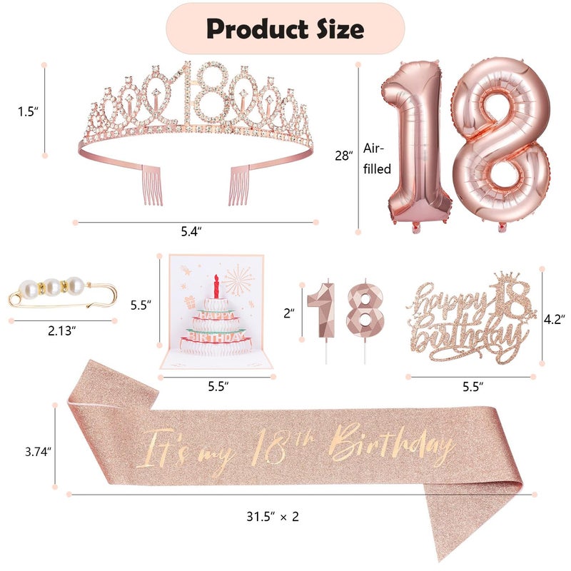 Awfrky 8pcs 18th birthday decorations for girls  Including 18th Happy Birthday Cake Toppers  Birthday Queen Sash with Pearl Pin  Sweet Rhinestone Tiara Crown  Number Candles and Balloons Set  Rose Gold - Image 2